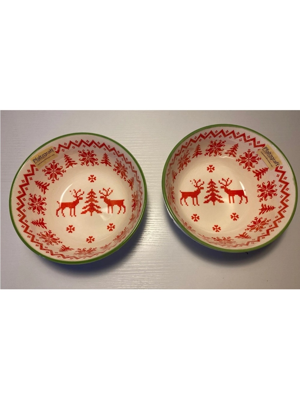 Pfaltzgraff Pad Print 6” Soup Cereal Bowls Reindeer Holiday - Pair